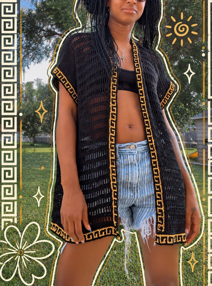 Black & Gold Greek Key Crochet Vest