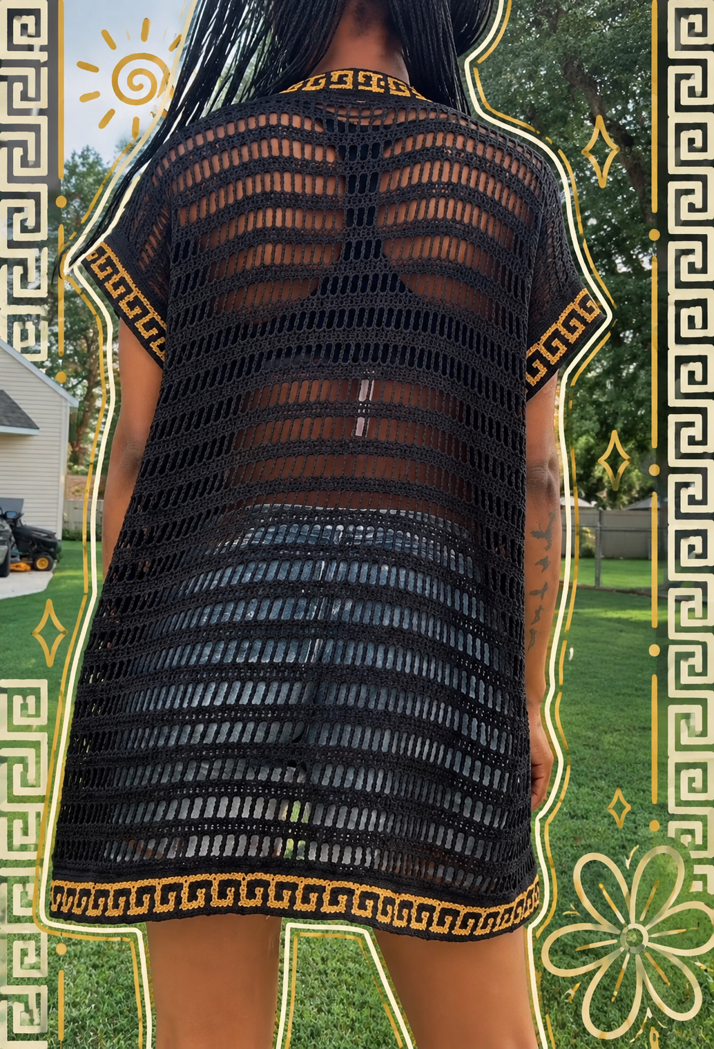 Black & Gold Greek Key Crochet Vest