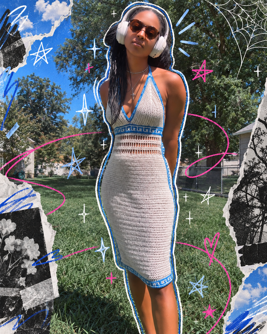 Sparky Rivers wearing a crochet design in a hand-drawn collage